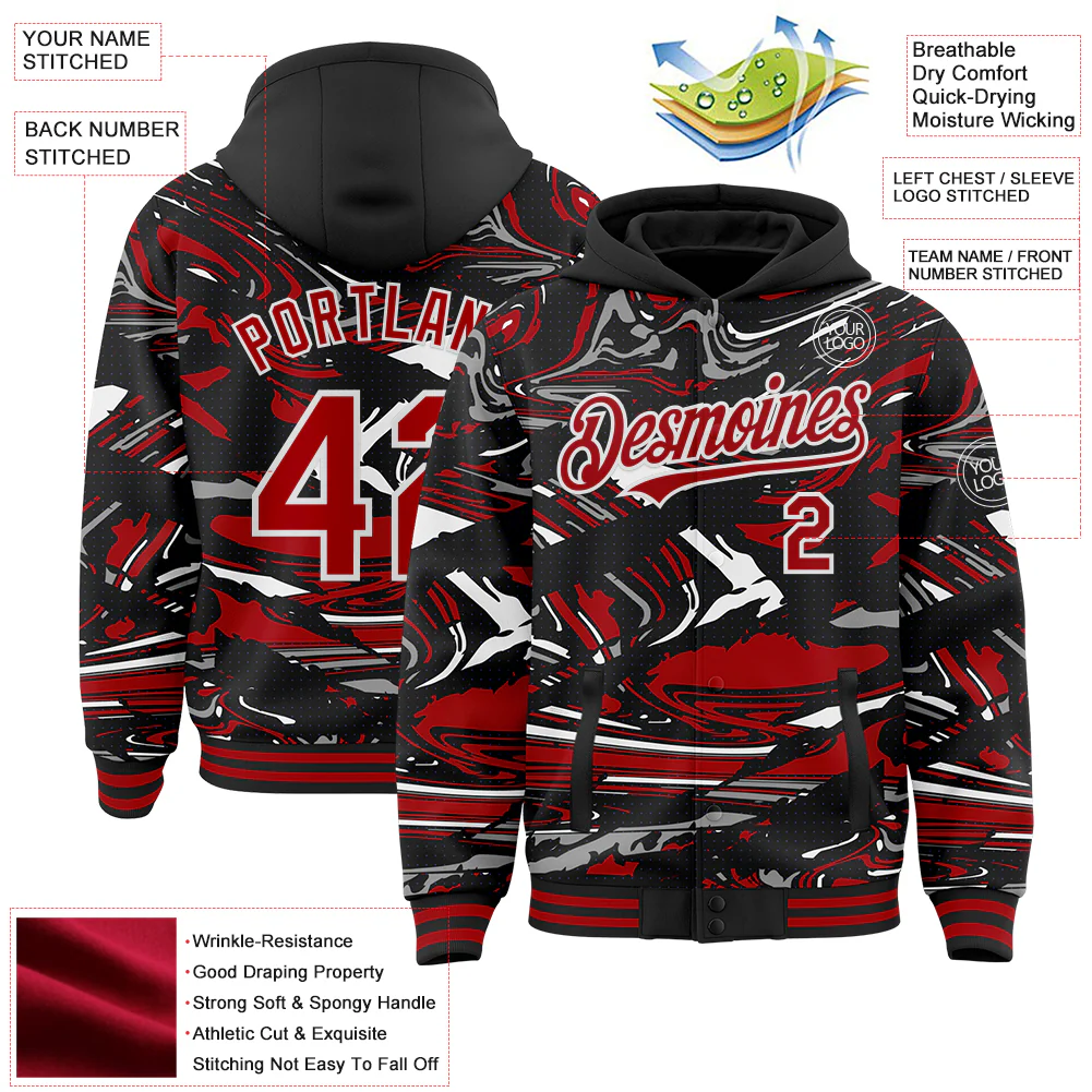 Custom Figure Red Black-White Fluid Pattern Bomber Full-Snap Varsity Letterman Hoodie Jacket - Image 4