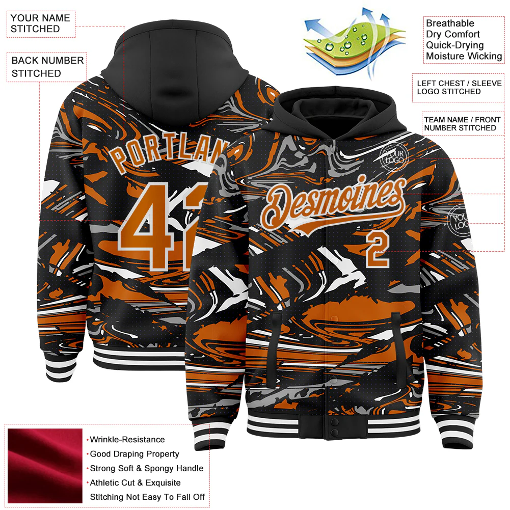 Custom Figure Texas Orange Black-White Fluid Pattern Bomber Full-Snap Varsity Letterman Hoodie Jacket - Image 4