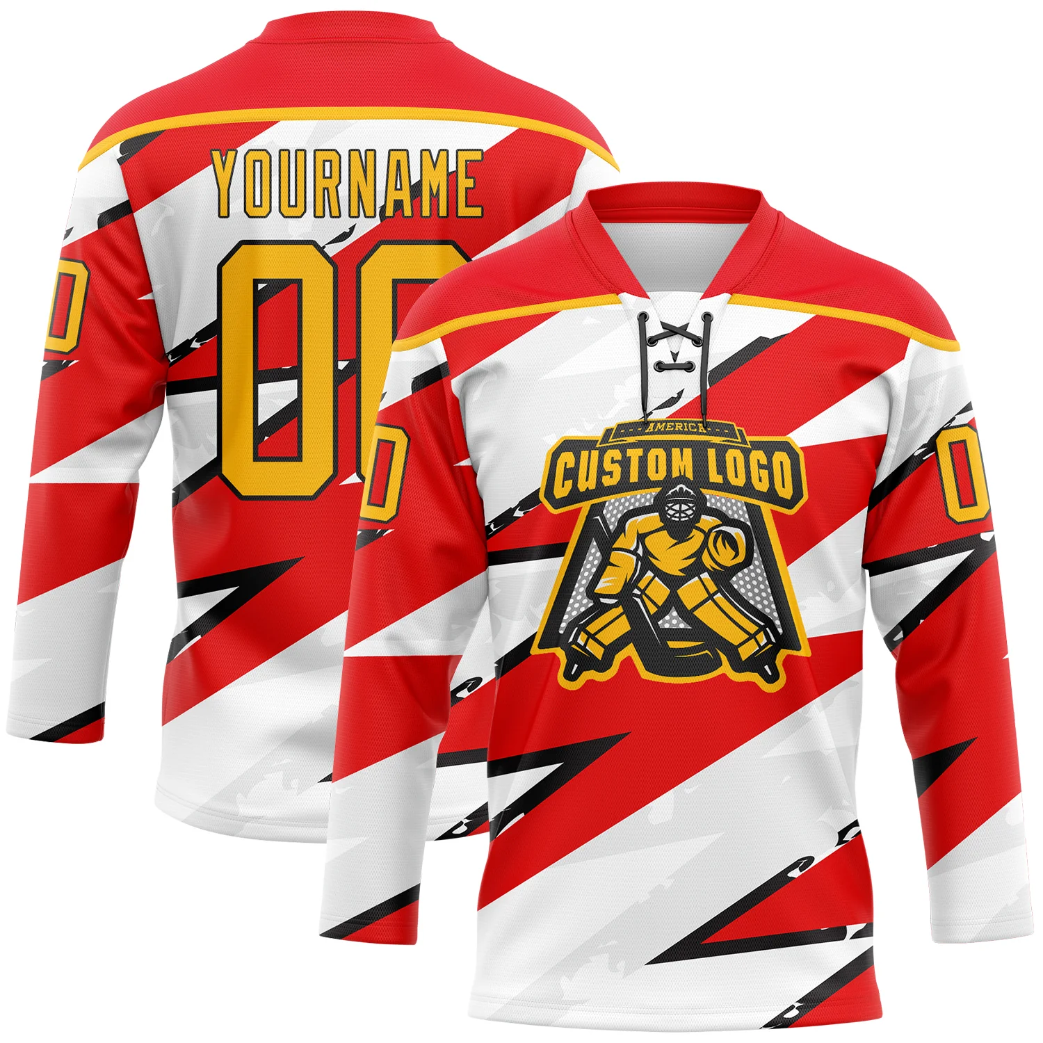 Custom Fire Red Gold Black-White Lightning Hockey Lace Neck Jersey - Image 2