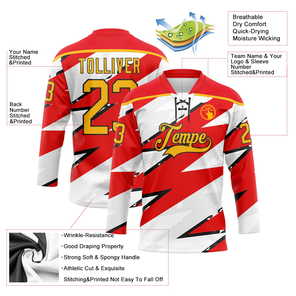 Custom Fire Red Gold Black-White Lightning Hockey Lace Neck Jersey - Image 5