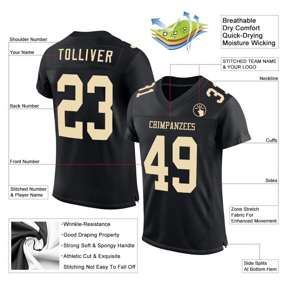 Custom Black Cream Mesh Authentic Football Jersey - Image 2