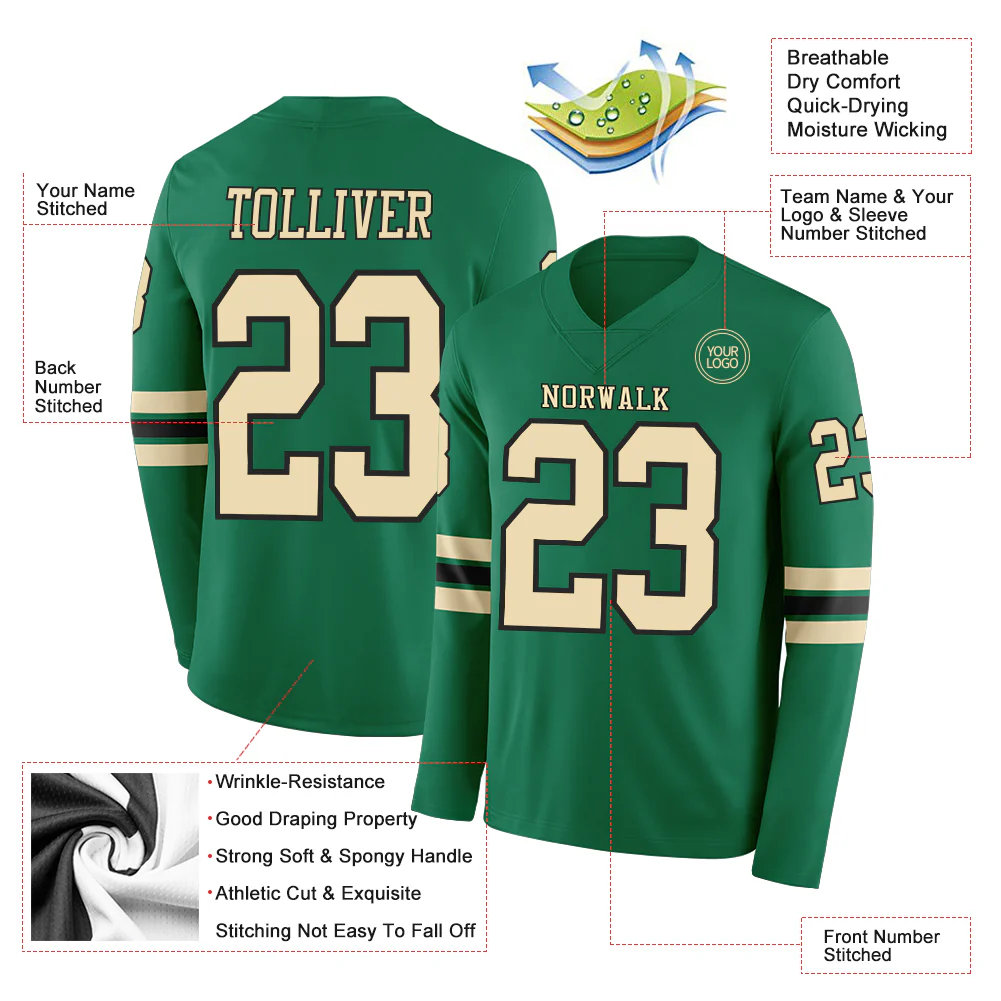 Custom Kelly Green Cream-Black Long Sleeve Authentic Football Jersey - Image 2
