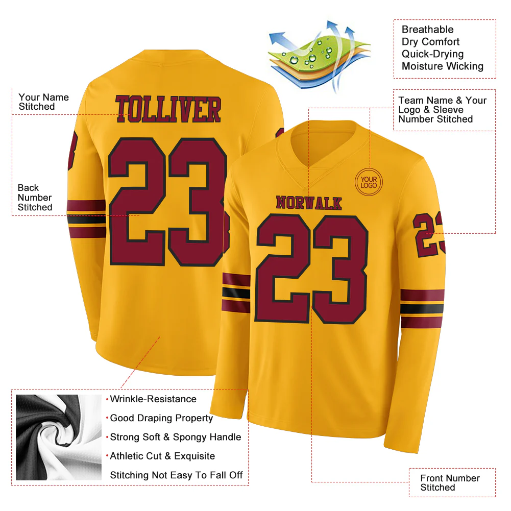 Custom Gold Crimson-Black Long Sleeve Authentic Football Jersey - Image 2