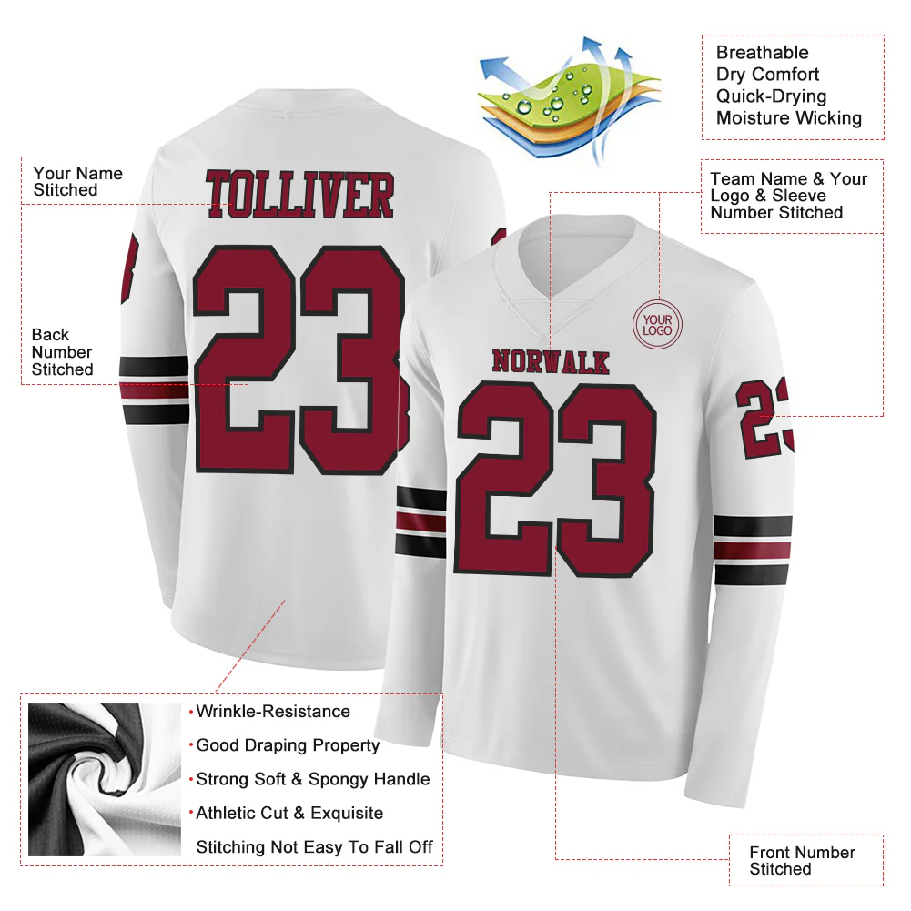 Custom White Crimson-Black Long Sleeve Authentic Football Jersey - Image 2