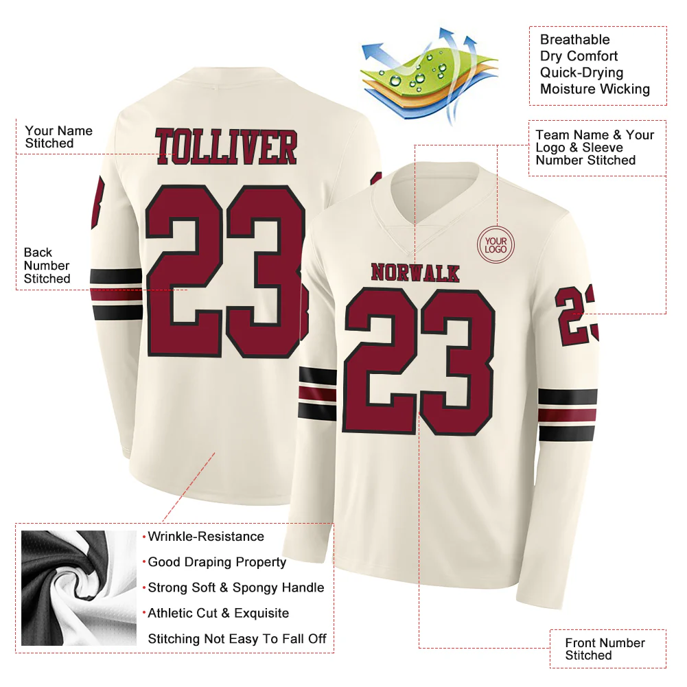 Custom Cream Crimson-Black Long Sleeve Authentic Football Jersey - Image 2