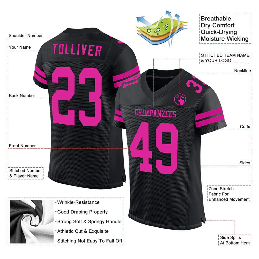 Custom Black Deep Pink Mesh Authentic Football Jersey - Image 2