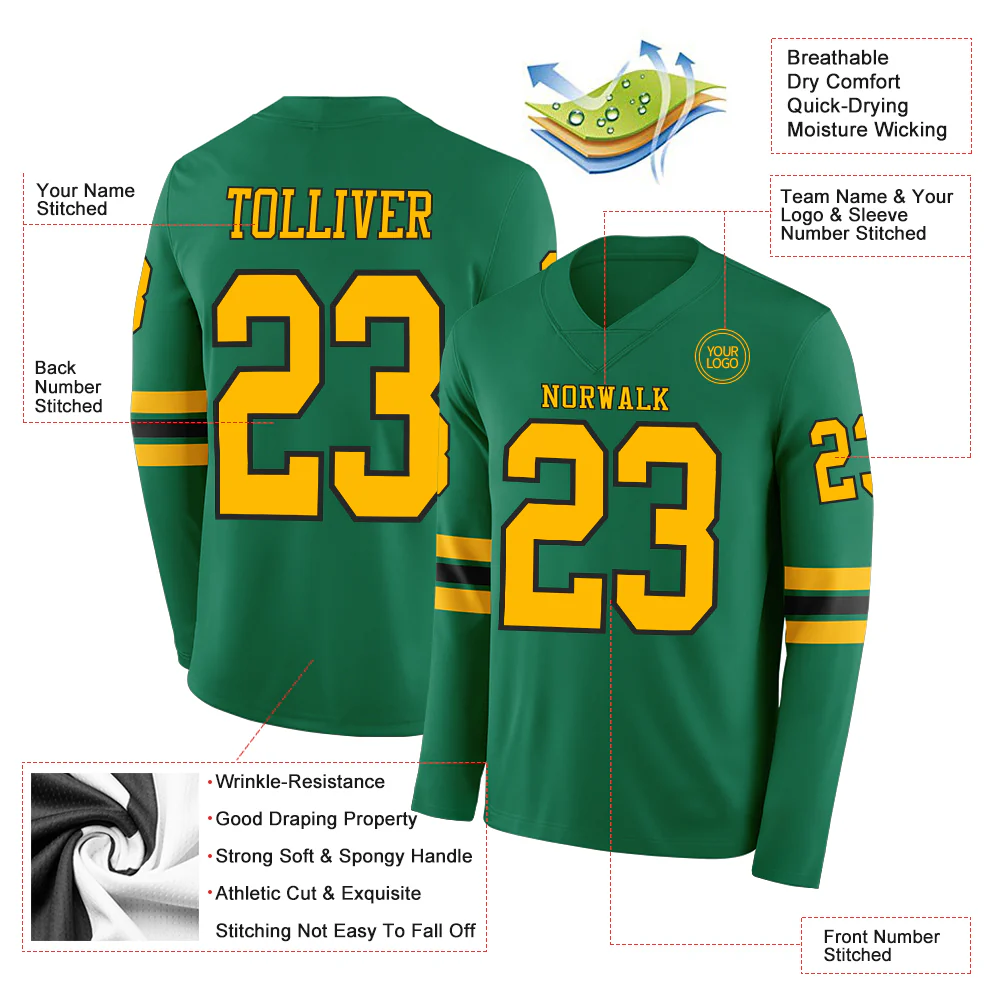 Custom Kelly Green Gold-Black Long Sleeve Authentic Football Jersey - Image 2