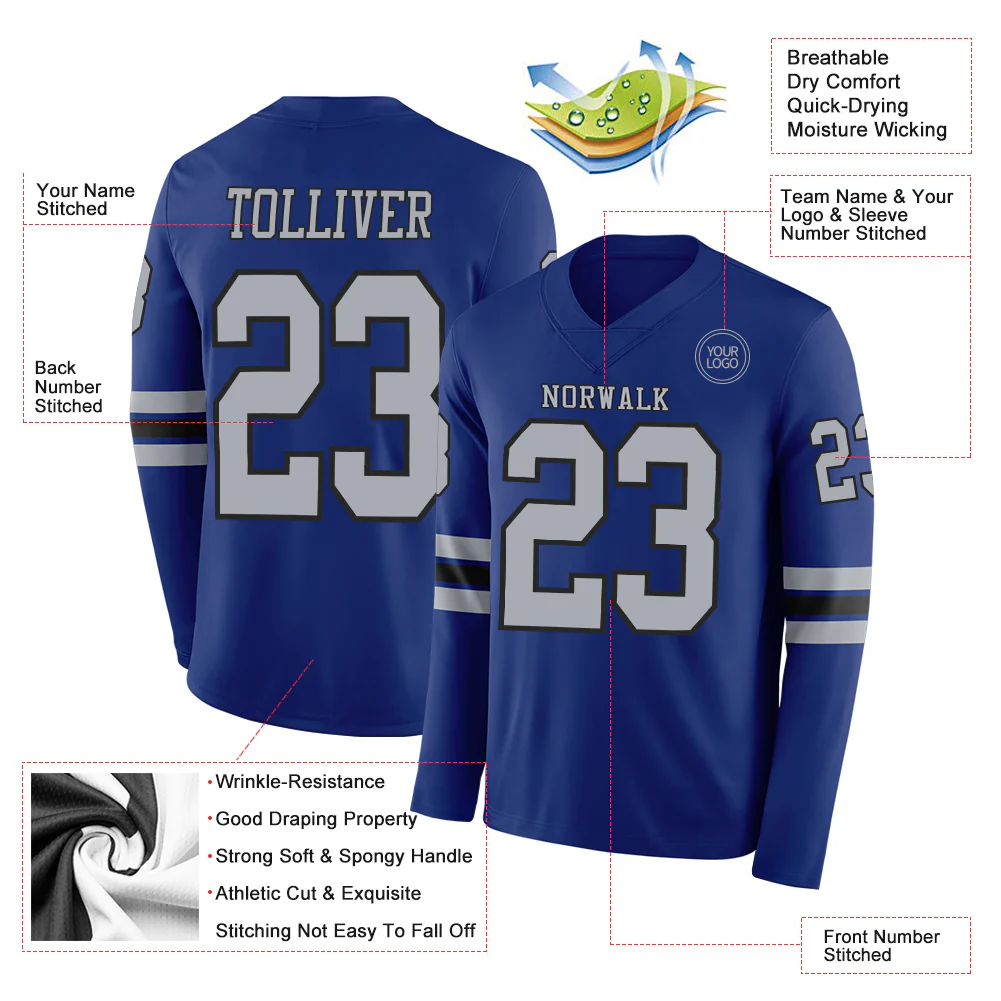 Custom Royal Gray-Black Long Sleeve Authentic Football Jersey - Image 2