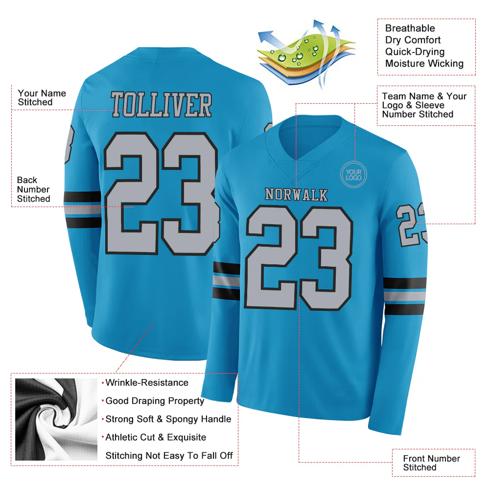 Custom Panther Blue Gray-Black Long Sleeve Authentic Football Jersey - Image 2