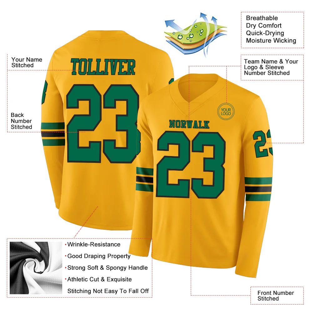 Custom Gold Kelly Green-Black Long Sleeve Authentic Football Jersey - Image 2
