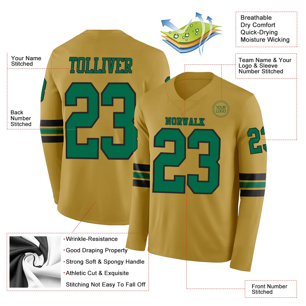 Custom Old Gold Kelly Green-Black Long Sleeve Authentic Football Jersey - Image 2