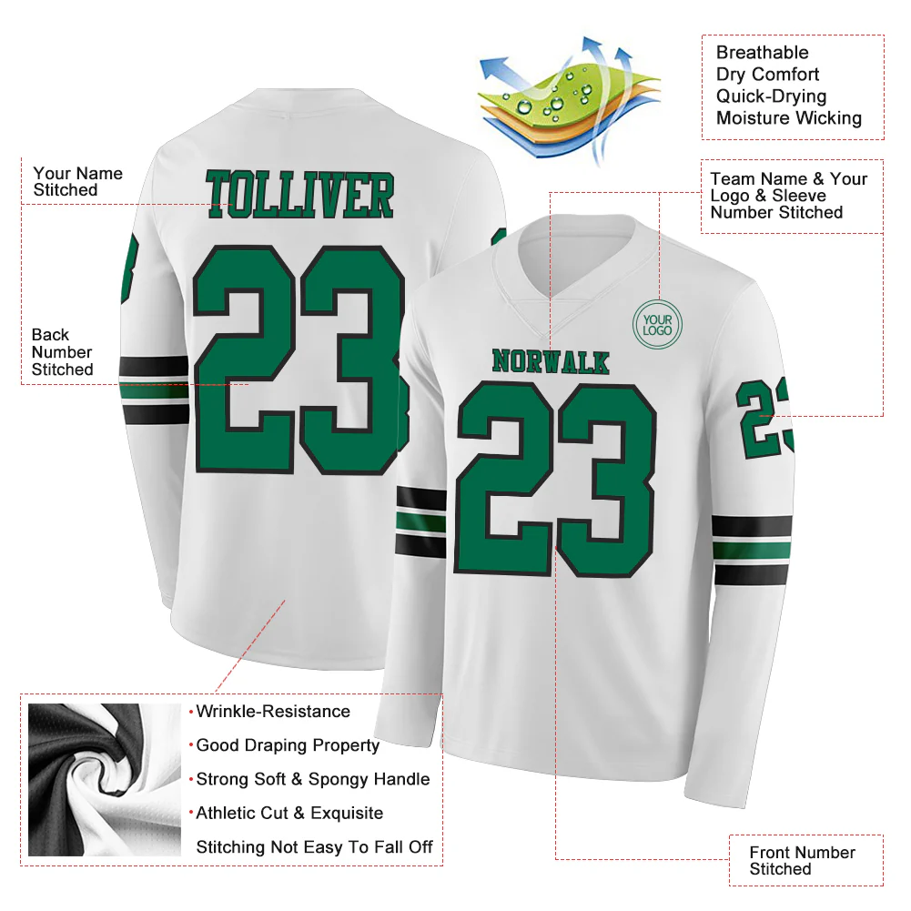Custom White Kelly Green-Black Long Sleeve Authentic Football Jersey - Image 2