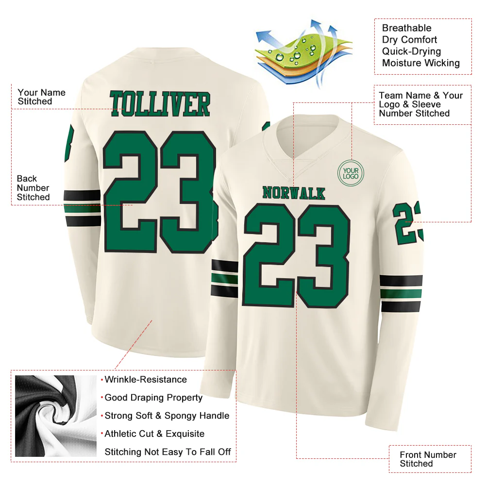 Custom Cream Kelly Green-Black Long Sleeve Authentic Football Jersey - Image 2