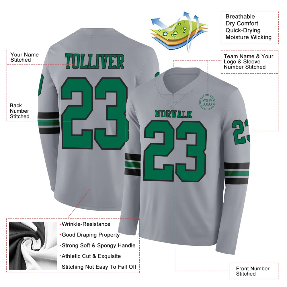 Custom Gray Kelly Green-Black Long Sleeve Authentic Football Jersey - Image 2
