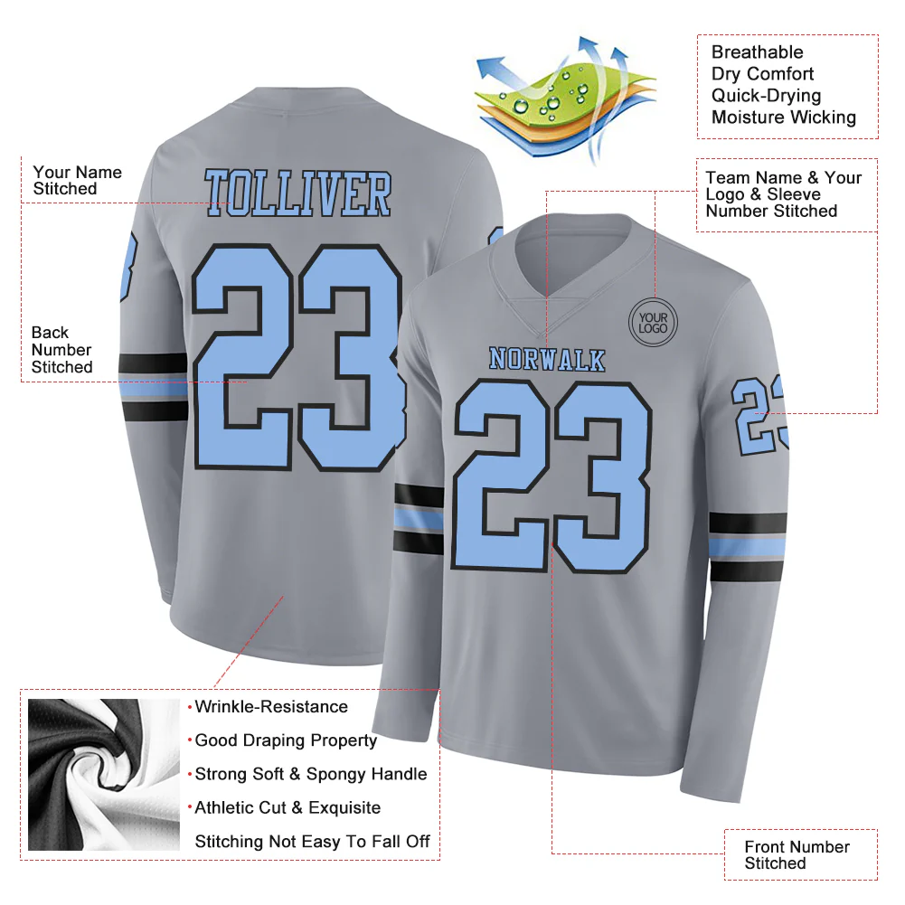 Custom Gray Light Blue-Black Long Sleeve Authentic Football Jersey - Image 2