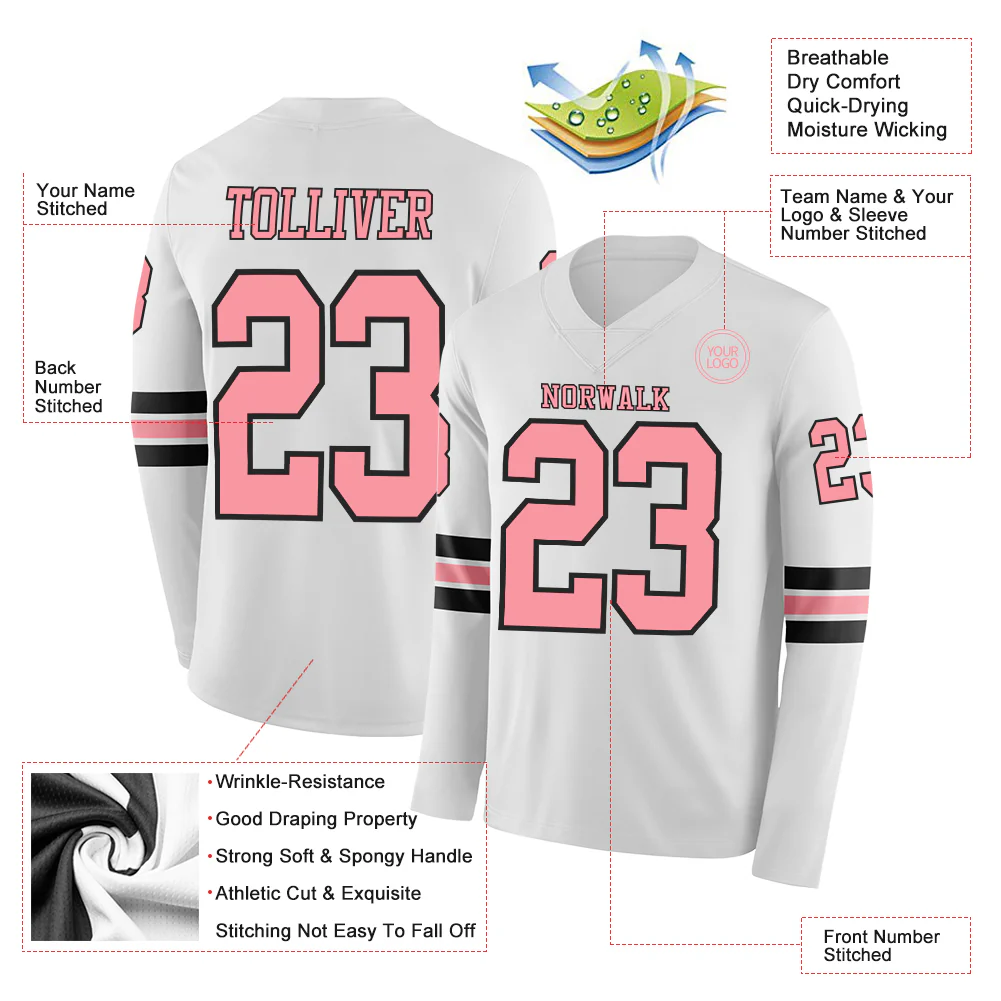 Custom White Medium Pink-Black Long Sleeve Authentic Football Jersey - Image 2
