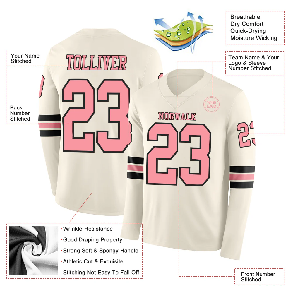 Custom Cream Medium Pink-Black Long Sleeve Authentic Football Jersey - Image 2