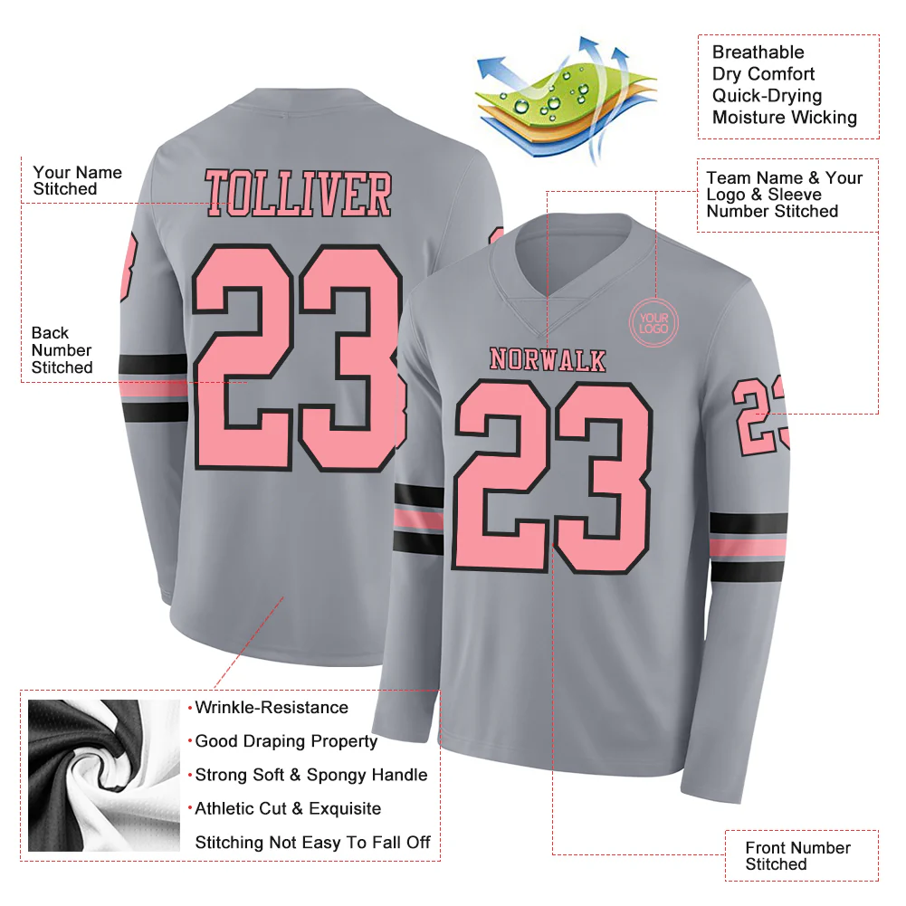 Custom Gray Medium Pink-Black Long Sleeve Authentic Football Jersey - Image 2