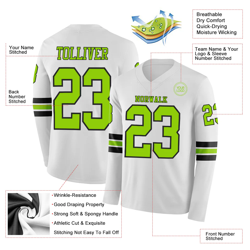 Custom White Neon Green-Black Long Sleeve Authentic Football Jersey - Image 2