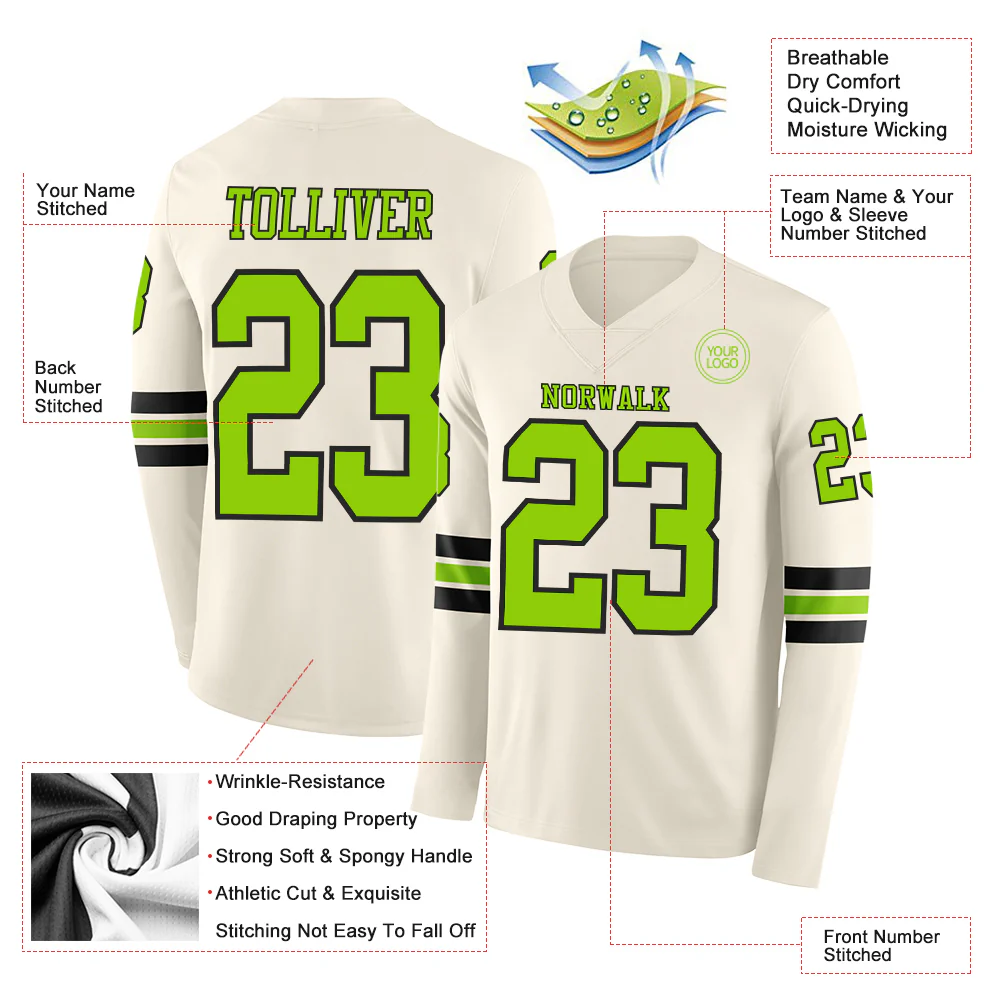 Custom Cream Neon Green-Black Long Sleeve Authentic Football Jersey - Image 2