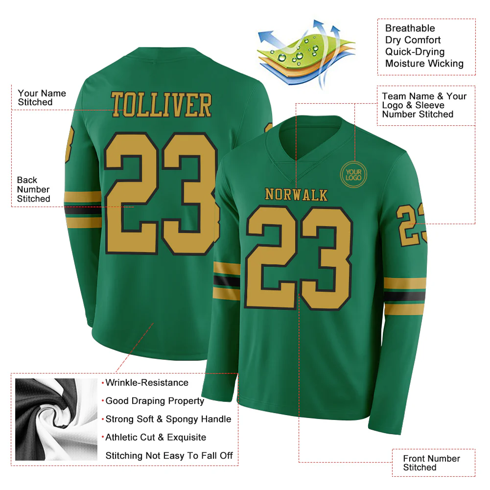 Custom Kelly Green Old Gold-Black Long Sleeve Authentic Football Jersey - Image 2