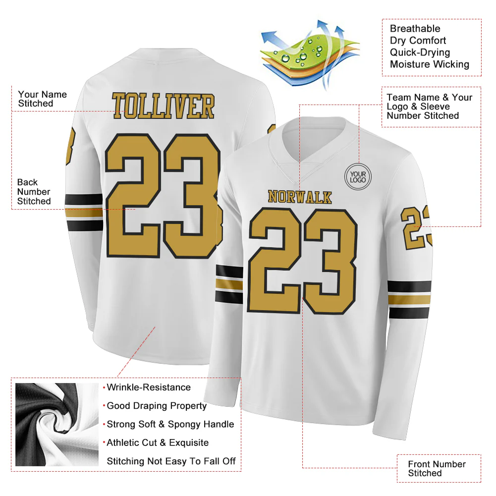 Custom White Old Gold-Black Long Sleeve Authentic Football Jersey - Image 2
