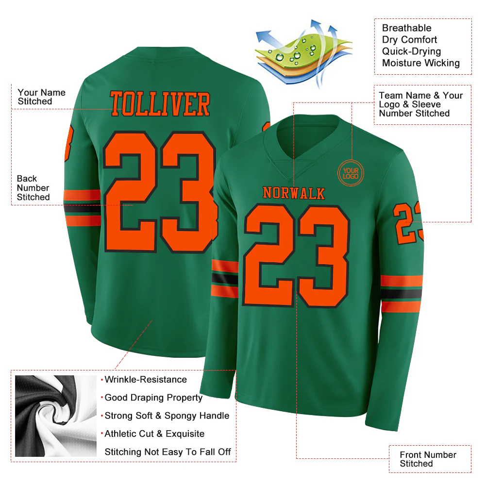 Custom Kelly Green Orange-Black Long Sleeve Authentic Football Jersey - Image 2