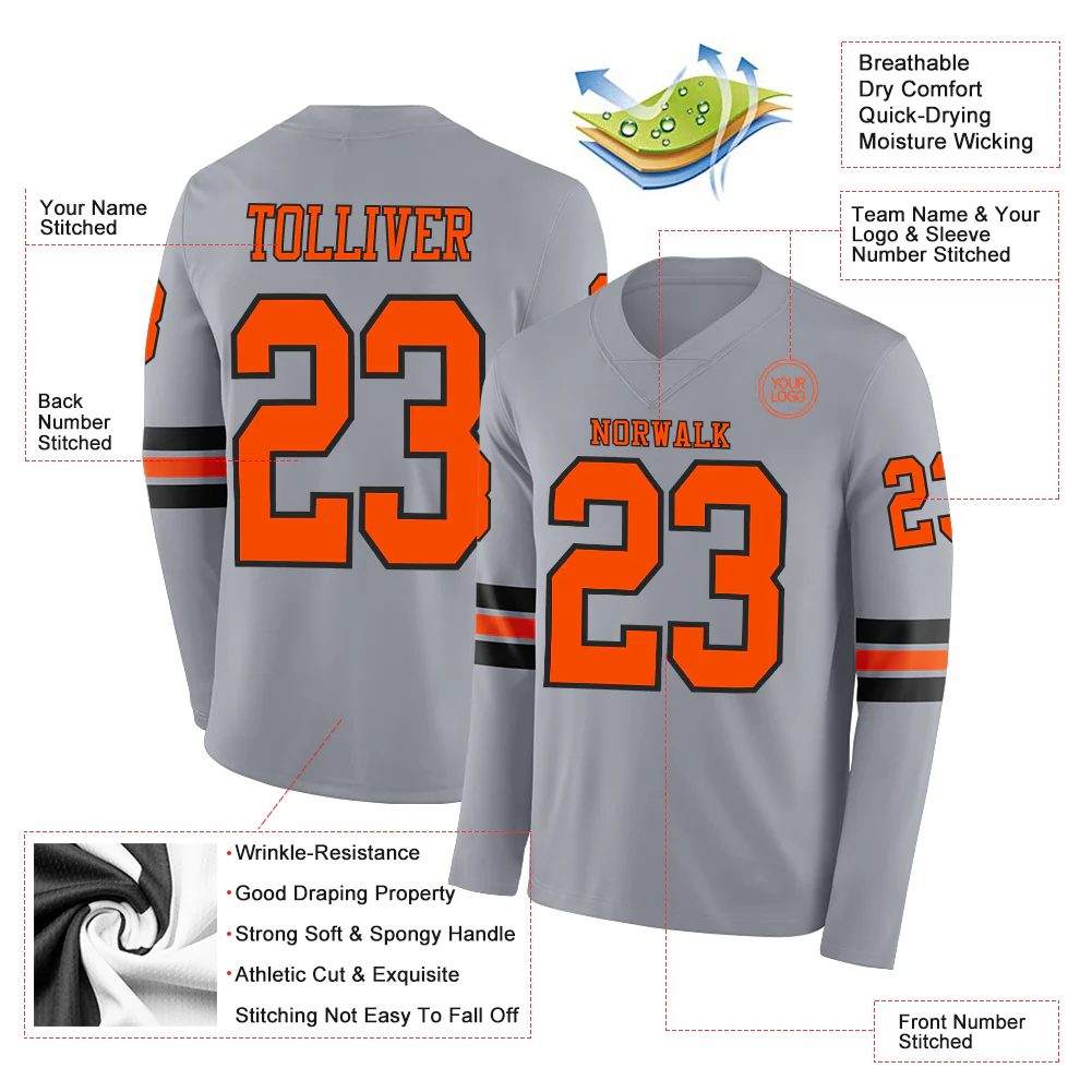 Custom Gray Orange-Black Long Sleeve Authentic Football Jersey - Image 2