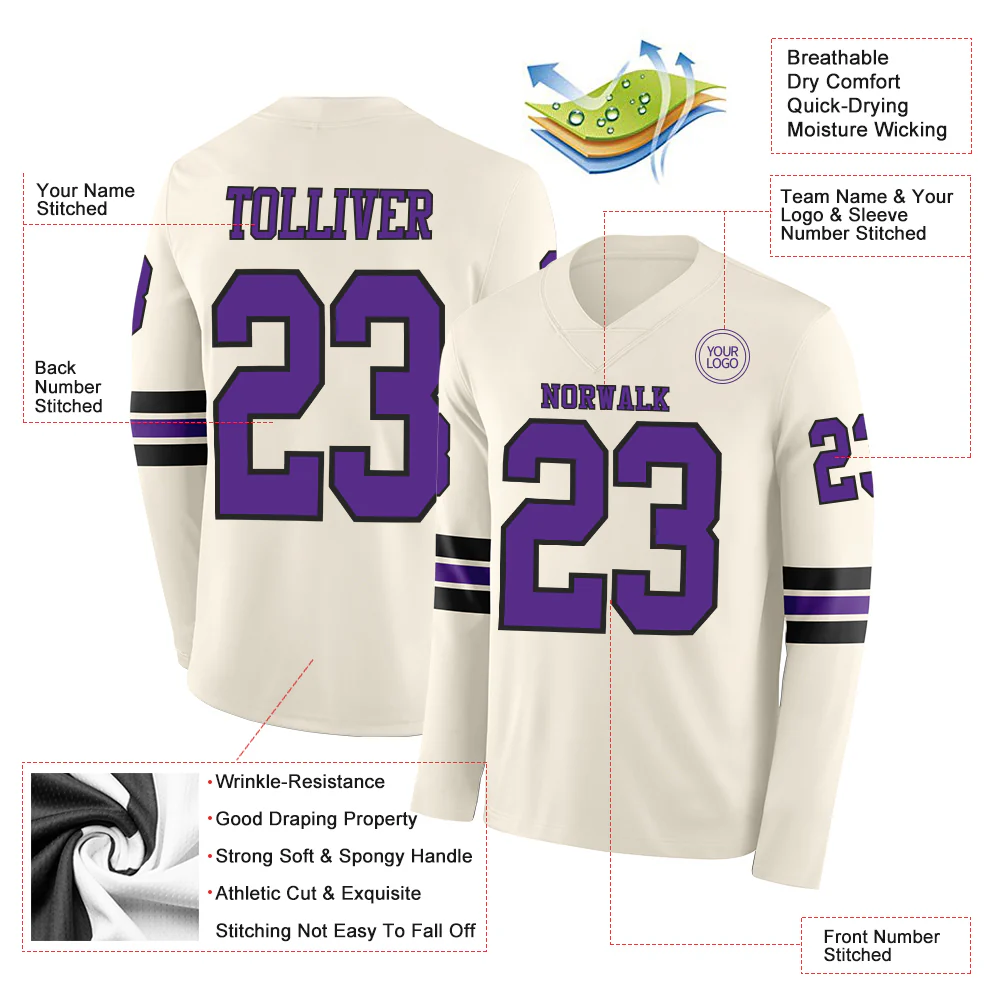 Custom Cream Purple-Black Long Sleeve Authentic Football Jersey - Image 2