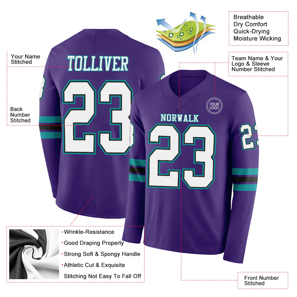 Custom Purple White Black-Teal Long Sleeve Authentic Football Jersey - Image 2