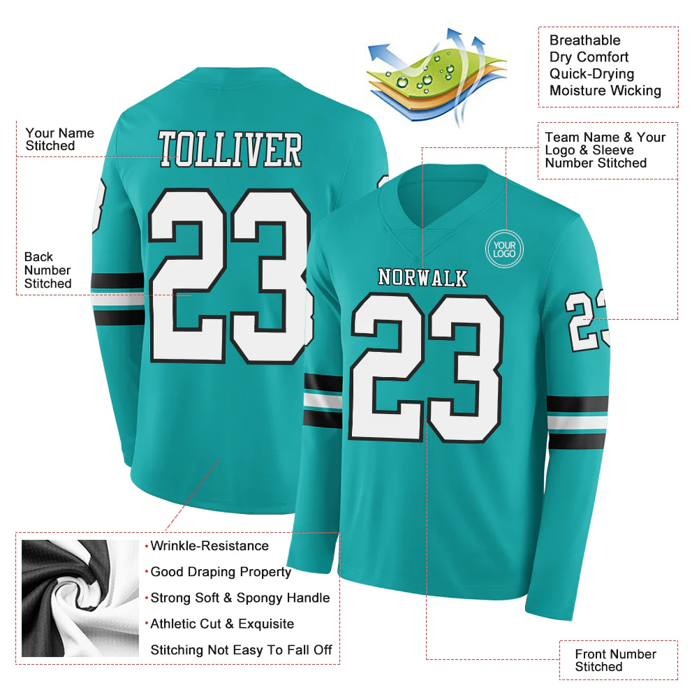 Custom Aqua White-Black Long Sleeve Authentic Football Jersey - Image 2
