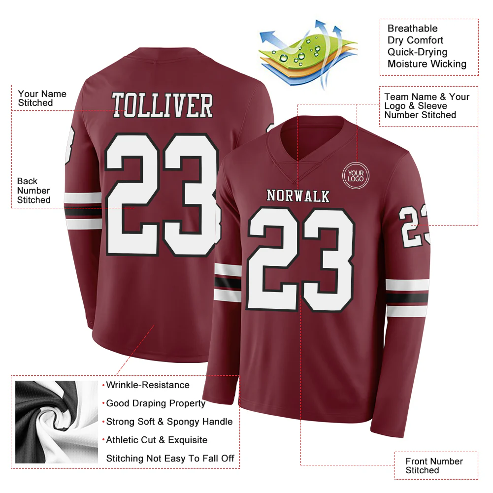 Custom Burgundy White-Black Long Sleeve Authentic Football Jersey - Image 2