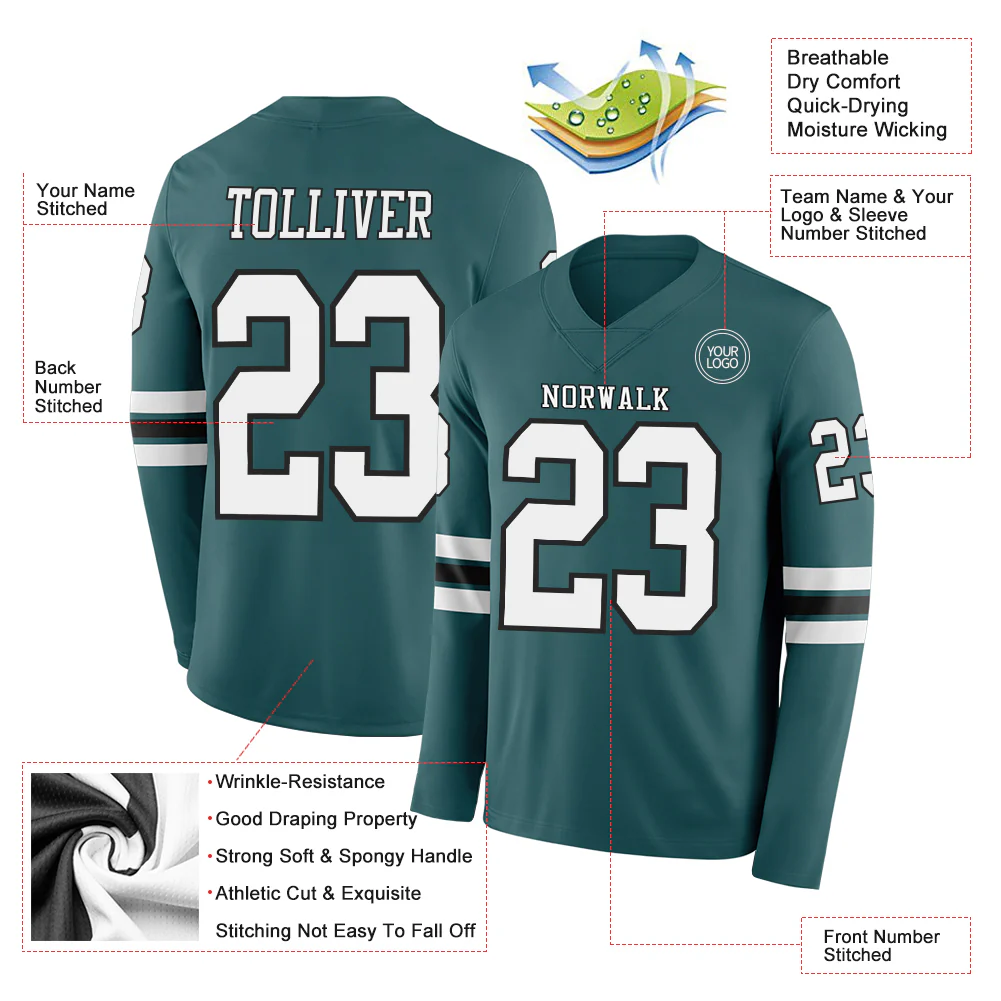 Custom Midnight Green White-Black Long Sleeve Authentic Football Jersey - Image 2