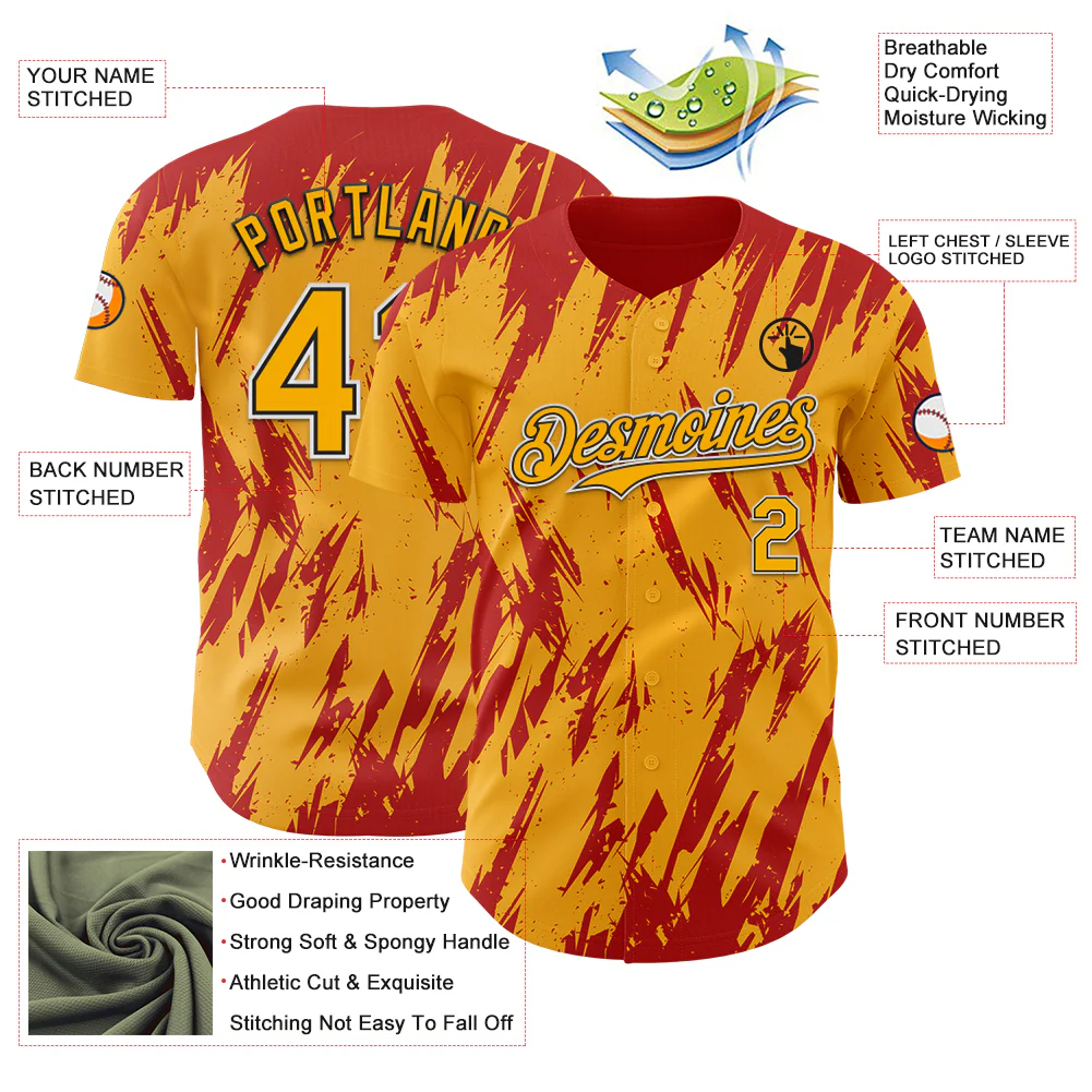 Custom Gold Black-Red Splatter Torn Sharp Brush Stroke Authentic Baseball Jersey - Image 3