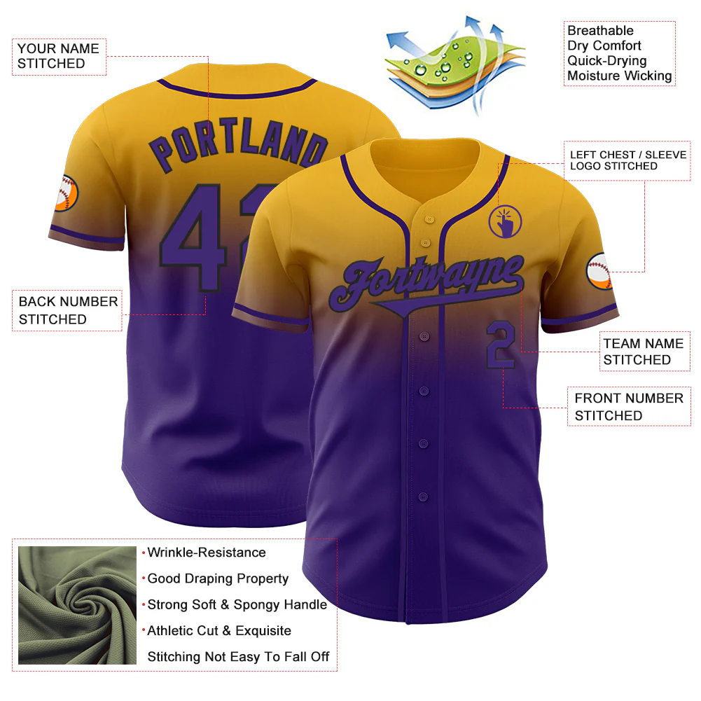 Custom Gold Purple-Black Authentic Fade Fashion Baseball Jersey - Image 3