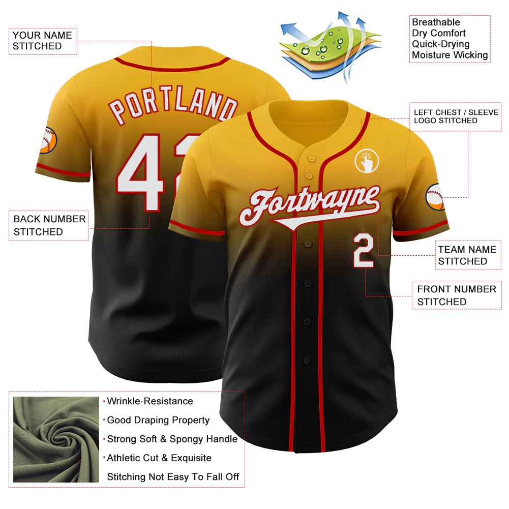 Custom Gold Black-Red Authentic Fade Fashion Baseball Jersey - Image 3