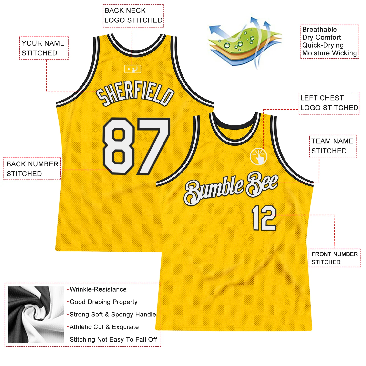 Custom Gold White-Black Authentic Throwback Basketball Jersey - Image 2