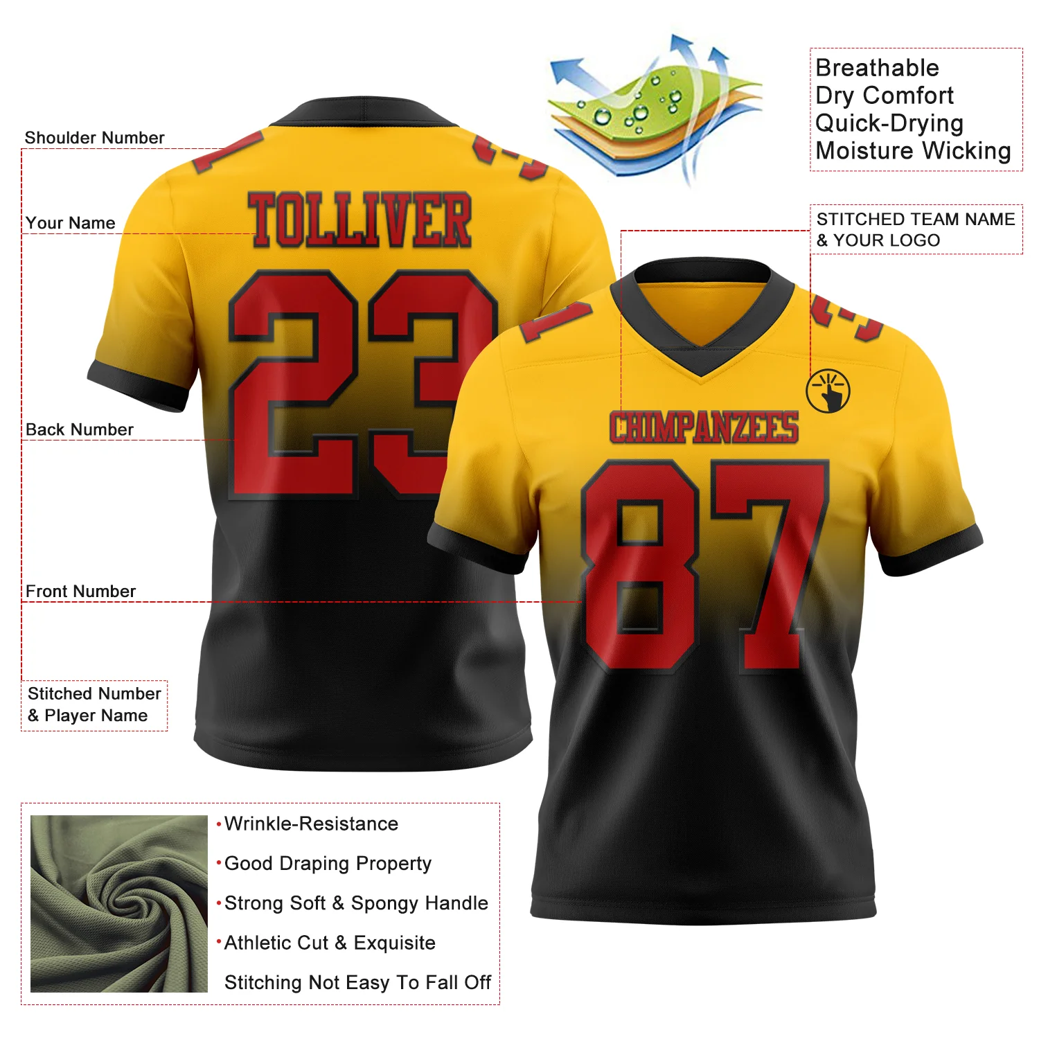Custom Gold Red-Black Authentic Fade Fashion Football Jersey - Image 2