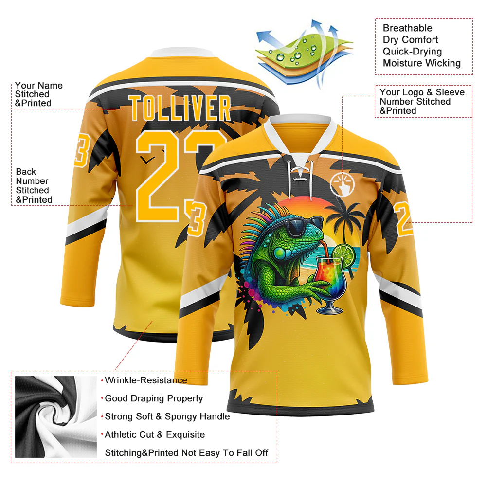 Custom Gold Black-White Gradient Hawaii Tropical Palm Trees Hockey Lace Neck Jersey - Image 4