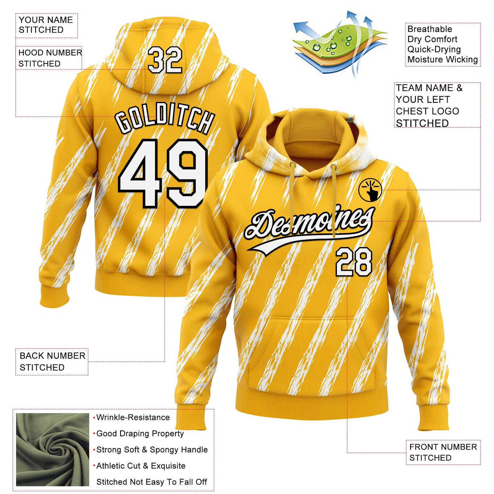 Custom Stitched Gold White-Black 3D Pattern Design Line Sportswear Pullover Sweatshirt Hoodie - Image 2