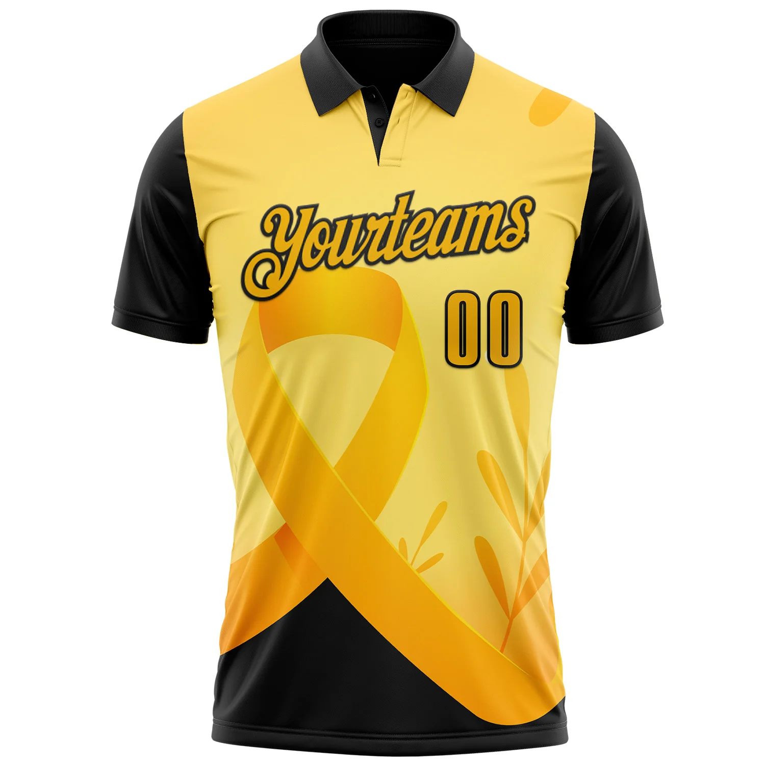 Custom Gold Black 3D Pattern Design Yellow Ribbon Bone Cancer Awareness Performance Polo Shirt - Image 2