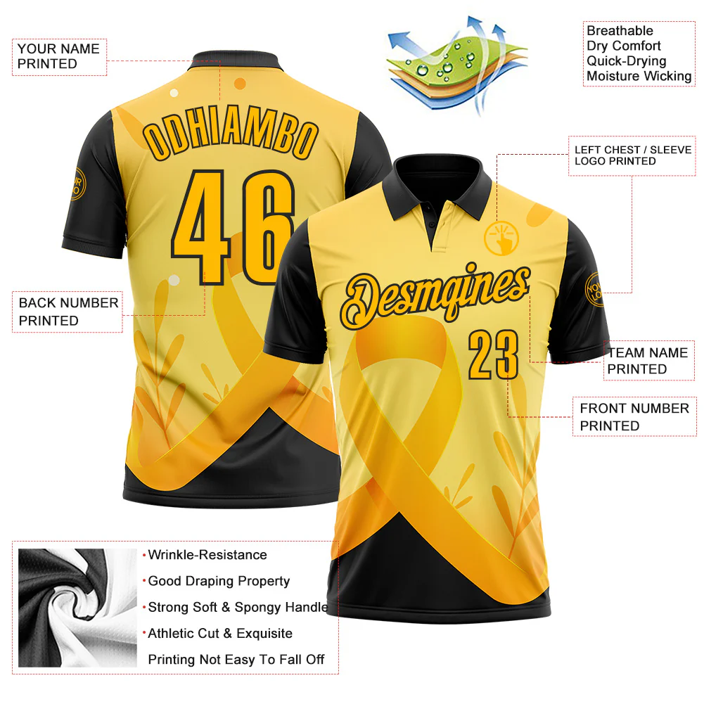 Custom Gold Black 3D Pattern Design Yellow Ribbon Bone Cancer Awareness Performance Polo Shirt - Image 3