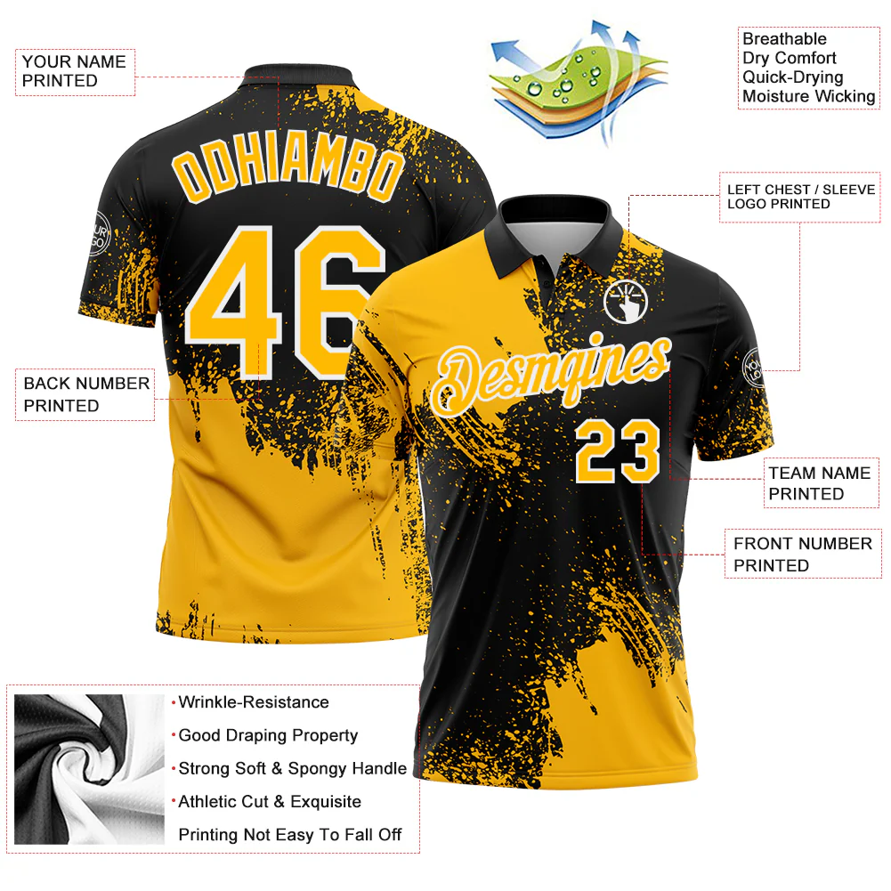 Custom Gold Black-White 3D Pattern Design Abstract Brush Stroke Performance Polo Shirt - Image 3