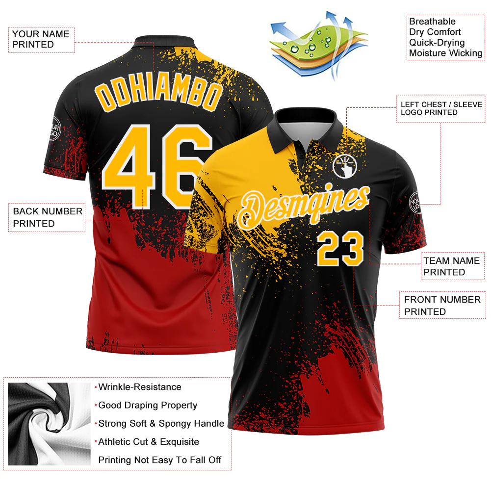 Custom Gold Black-Red 3D Pattern Design Abstract Brush Stroke Performance Polo Shirt - Image 3