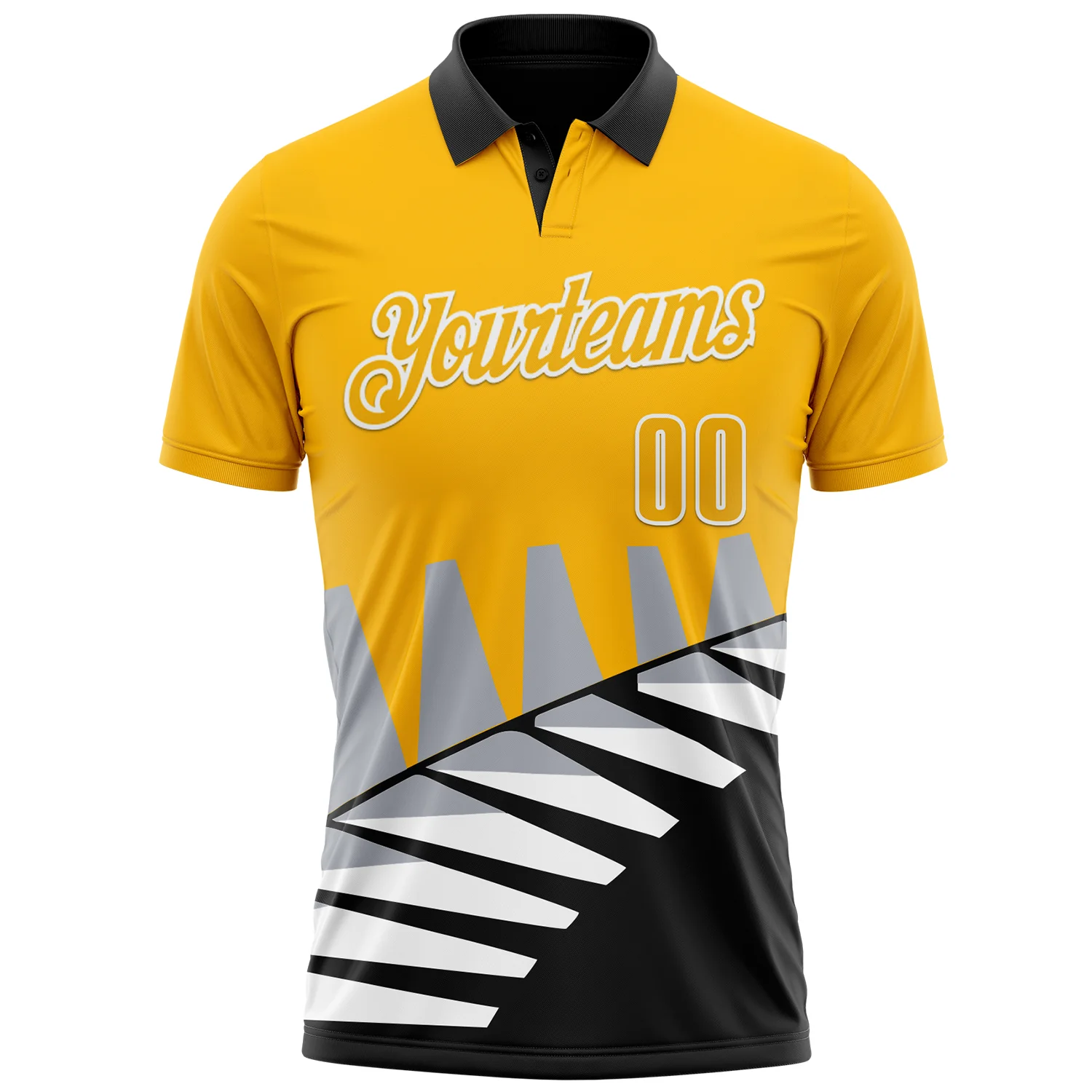 Custom Gold Black Gray-White 3D Pattern Design Geometric Shapes Performance Polo Shirt - Image 2