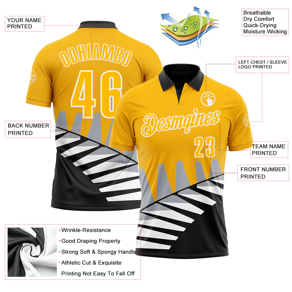 Custom Gold Black Gray-White 3D Pattern Design Geometric Shapes Performance Polo Shirt - Image 3