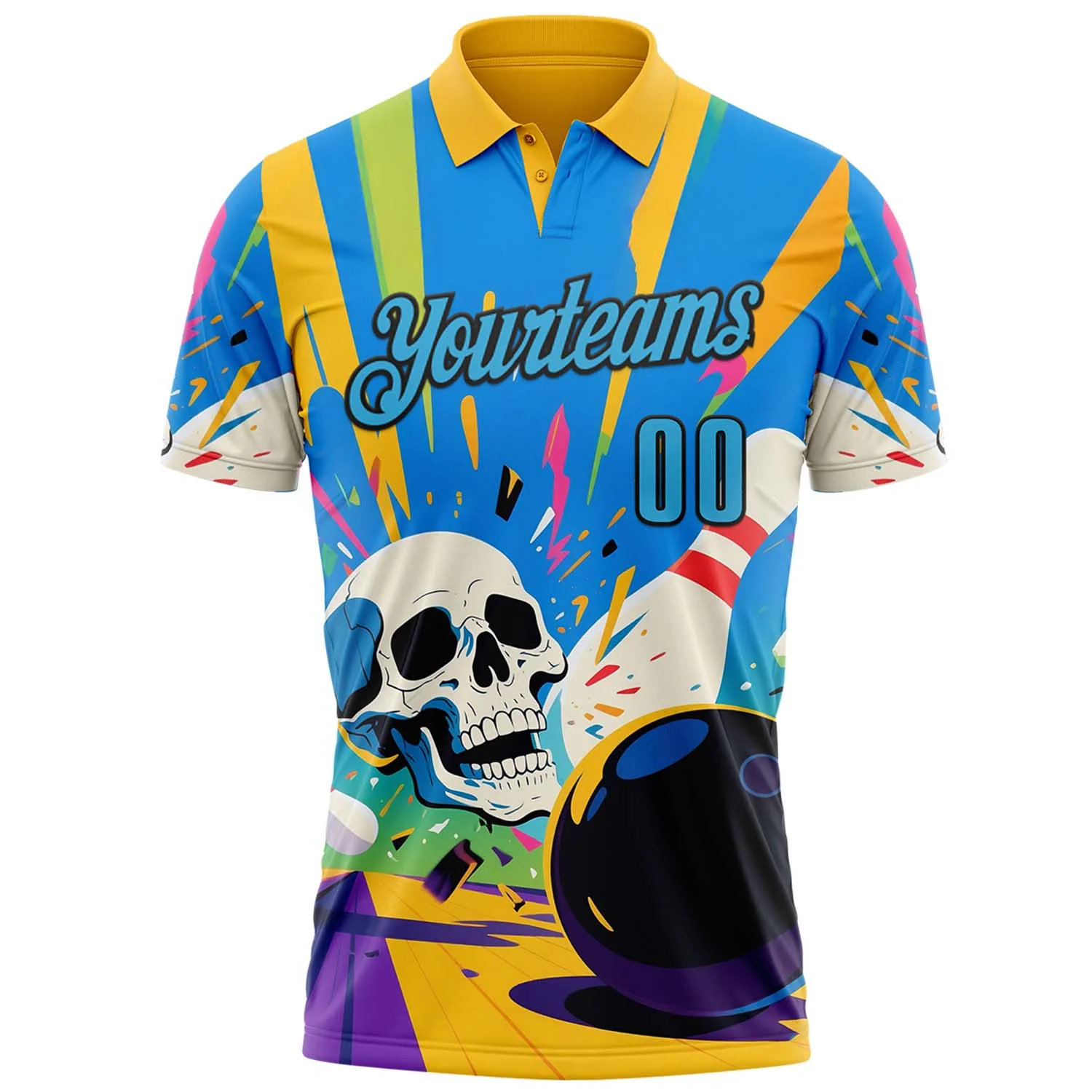 Custom Gold Sky Blue-Black 3D Splash Skull Bowling Performance Polo Shirt - Image 2
