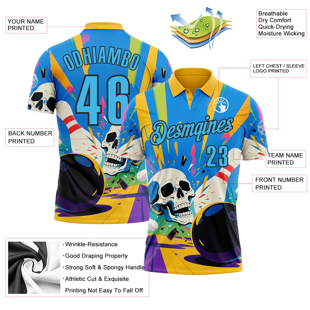 Custom Gold Sky Blue-Black 3D Splash Skull Bowling Performance Polo Shirt - Image 3