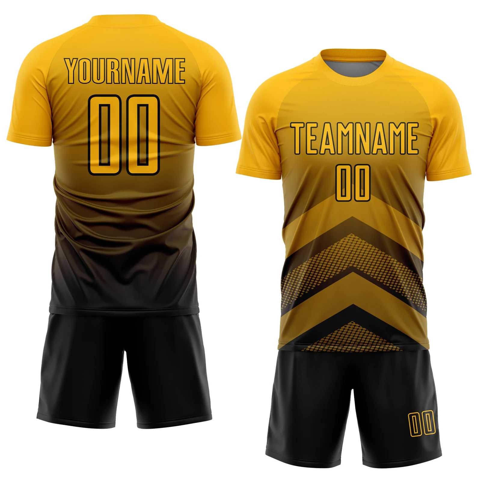 Custom Gold Black Gradient Arrow Geometric Shapes Sublimation Soccer Uniform Jersey - Image 2