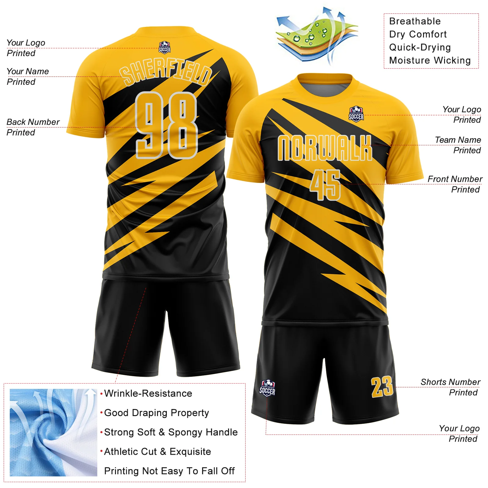 Custom Gold Black-White Abstract Line Sports Sublimation Soccer Uniform Jersey - Image 4
